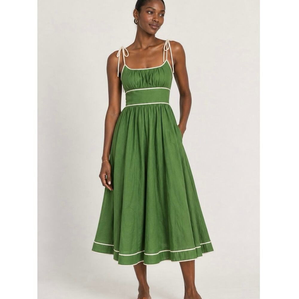 Zimmermann Green Linen Midi Dress US 12 / 4 Alight Picnic